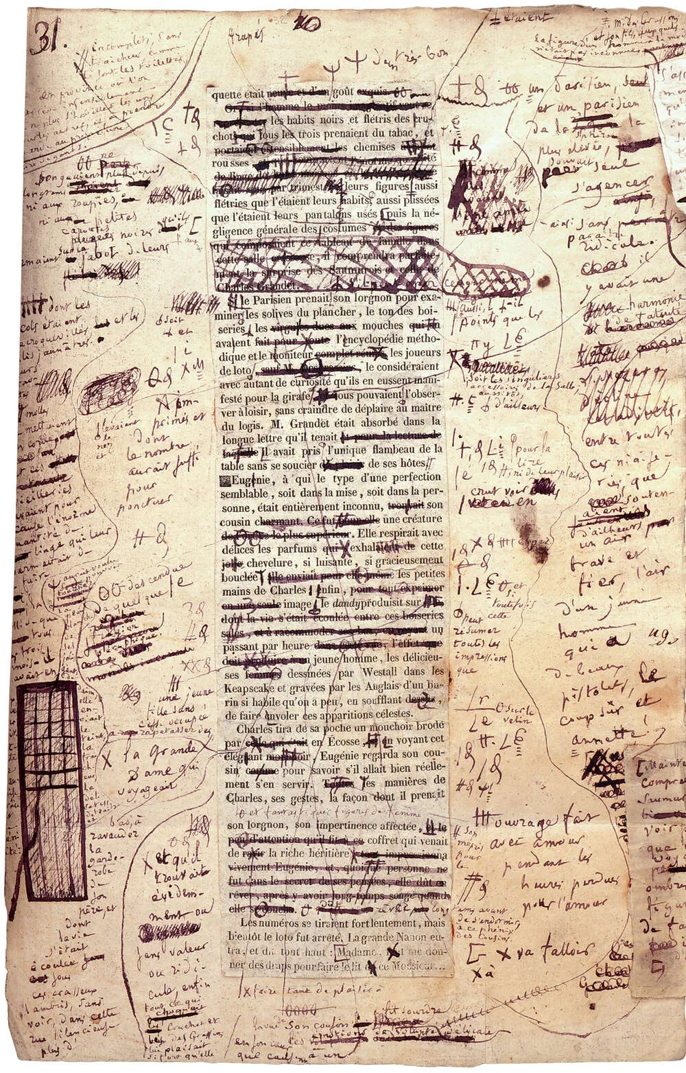 A tall page with a narrow strip of printed text pasted down the middle, almost every line struck through, and handwritten corrections in brown ink filling the margins on both sides, with the edges of two pasted paper slips at the right